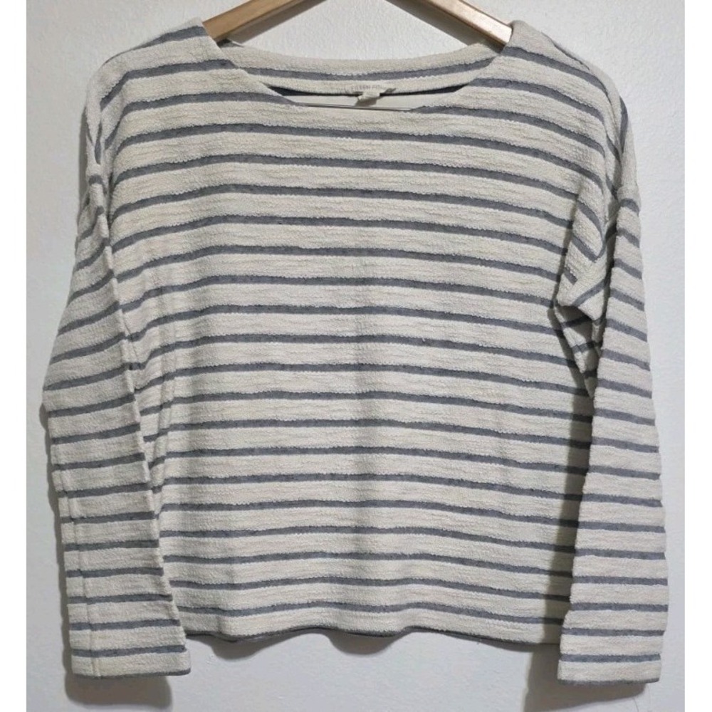 Eileen Fisher Women S Pullover Sweater Top Nautical Beige Blue Boat Neck Terry